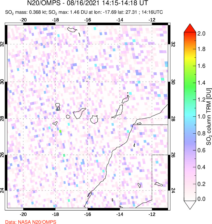 A sulfur dioxide image over Canary Islands on Aug 16, 2021.