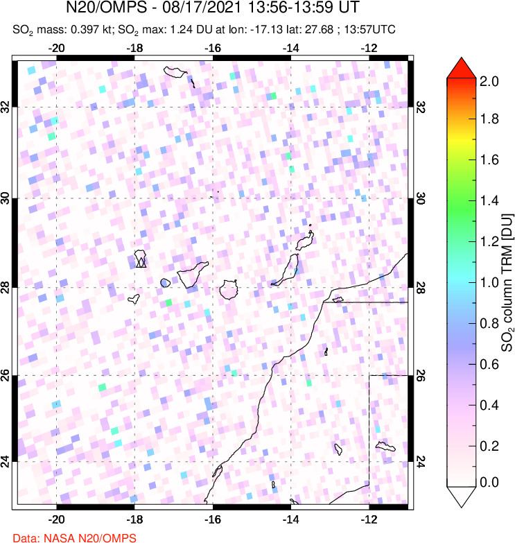 A sulfur dioxide image over Canary Islands on Aug 17, 2021.