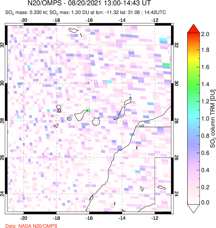 A sulfur dioxide image over Canary Islands on Aug 20, 2021.