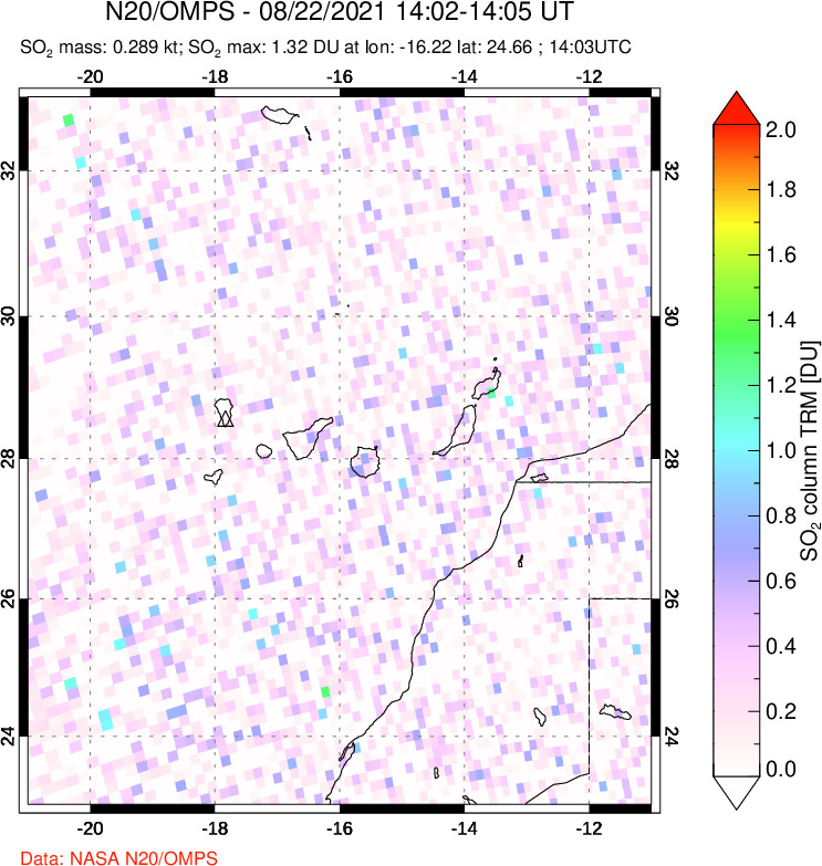 A sulfur dioxide image over Canary Islands on Aug 22, 2021.