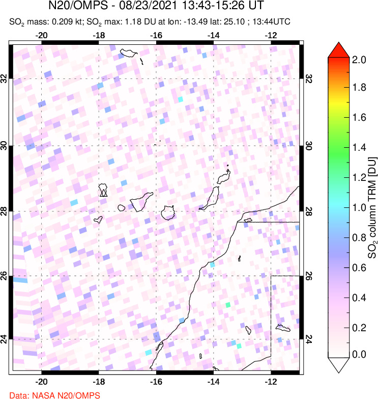 A sulfur dioxide image over Canary Islands on Aug 23, 2021.