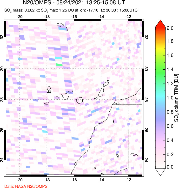 A sulfur dioxide image over Canary Islands on Aug 24, 2021.