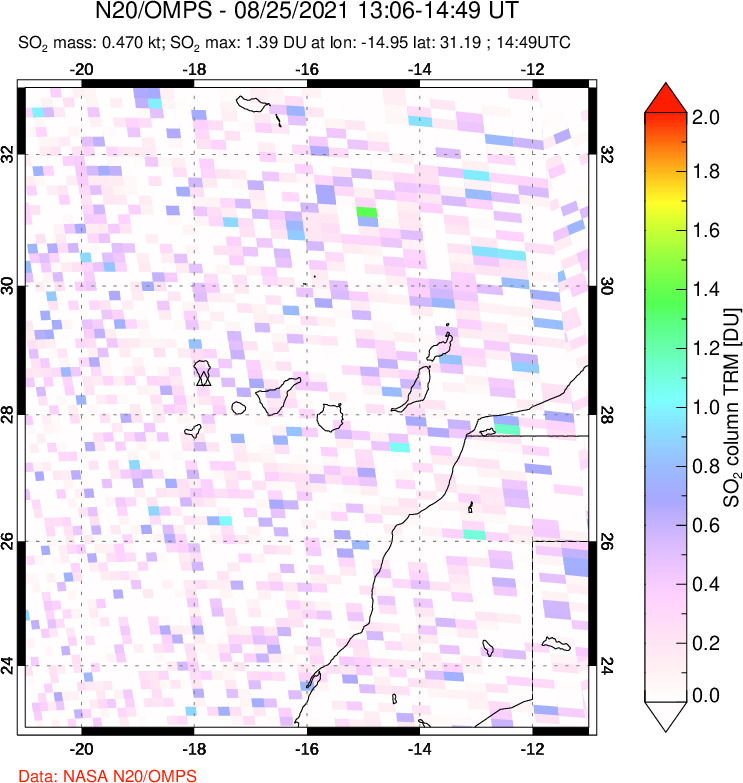 A sulfur dioxide image over Canary Islands on Aug 25, 2021.