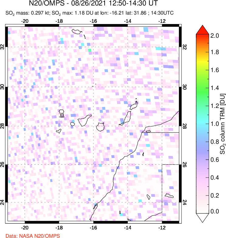 A sulfur dioxide image over Canary Islands on Aug 26, 2021.