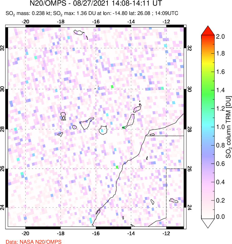 A sulfur dioxide image over Canary Islands on Aug 27, 2021.