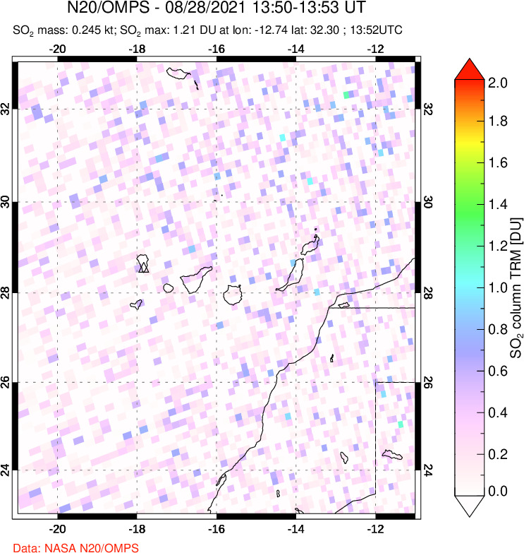 A sulfur dioxide image over Canary Islands on Aug 28, 2021.