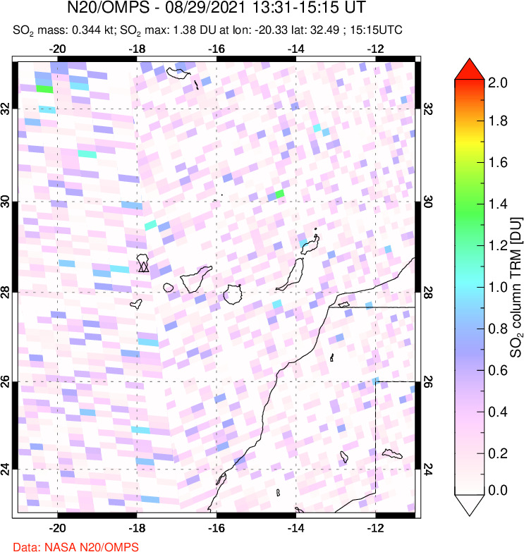 A sulfur dioxide image over Canary Islands on Aug 29, 2021.