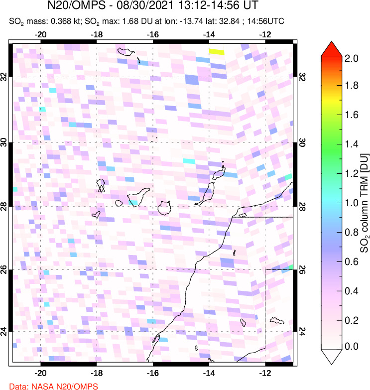 A sulfur dioxide image over Canary Islands on Aug 30, 2021.