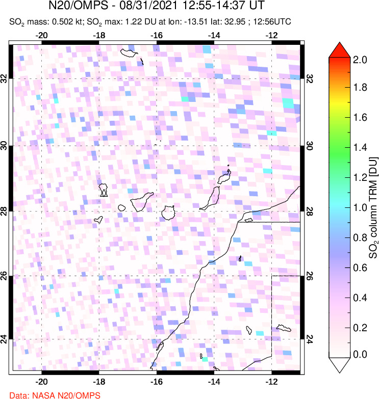 A sulfur dioxide image over Canary Islands on Aug 31, 2021.