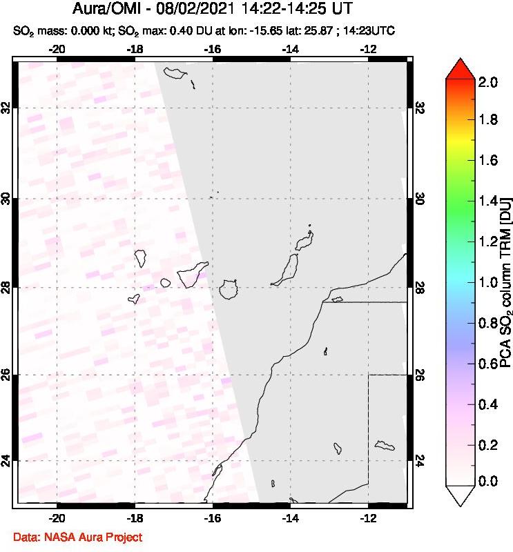 A sulfur dioxide image over Canary Islands on Aug 02, 2021.