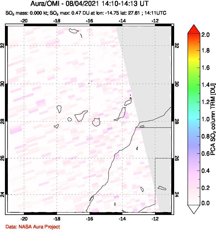 A sulfur dioxide image over Canary Islands on Aug 04, 2021.
