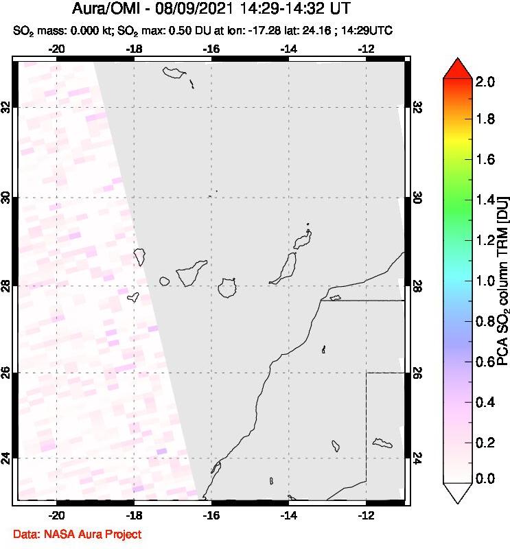 A sulfur dioxide image over Canary Islands on Aug 09, 2021.