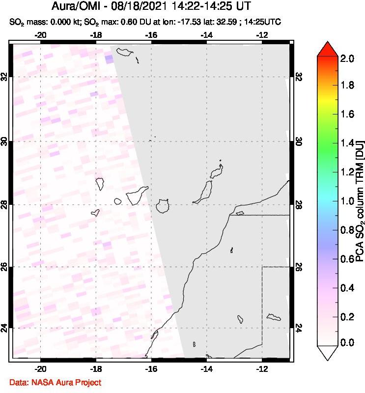 A sulfur dioxide image over Canary Islands on Aug 18, 2021.