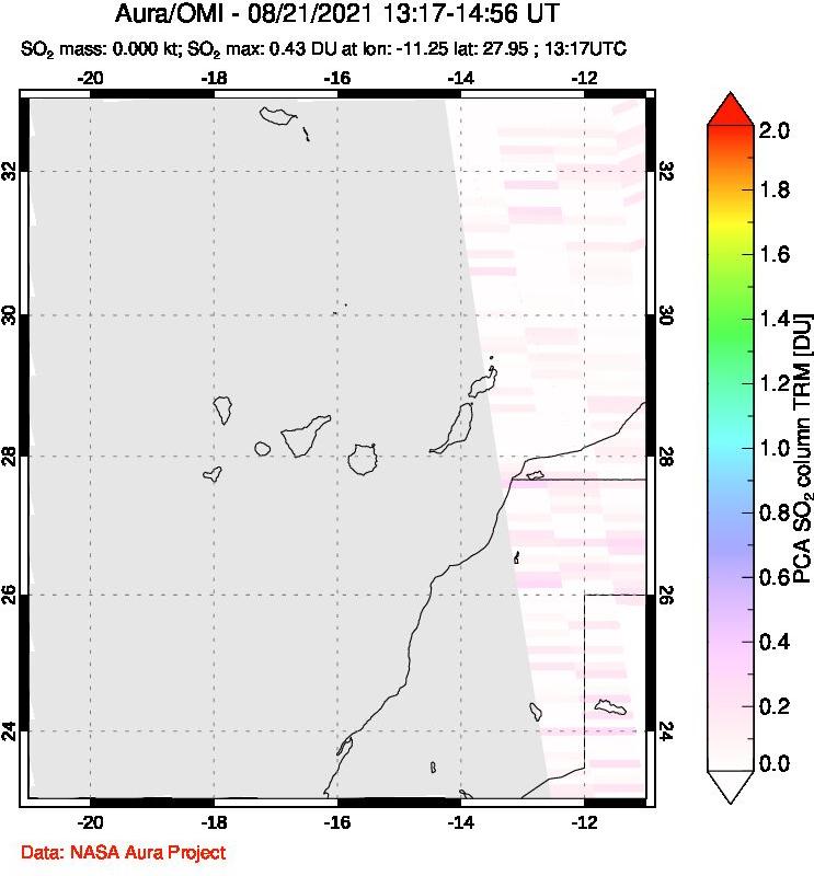 A sulfur dioxide image over Canary Islands on Aug 21, 2021.