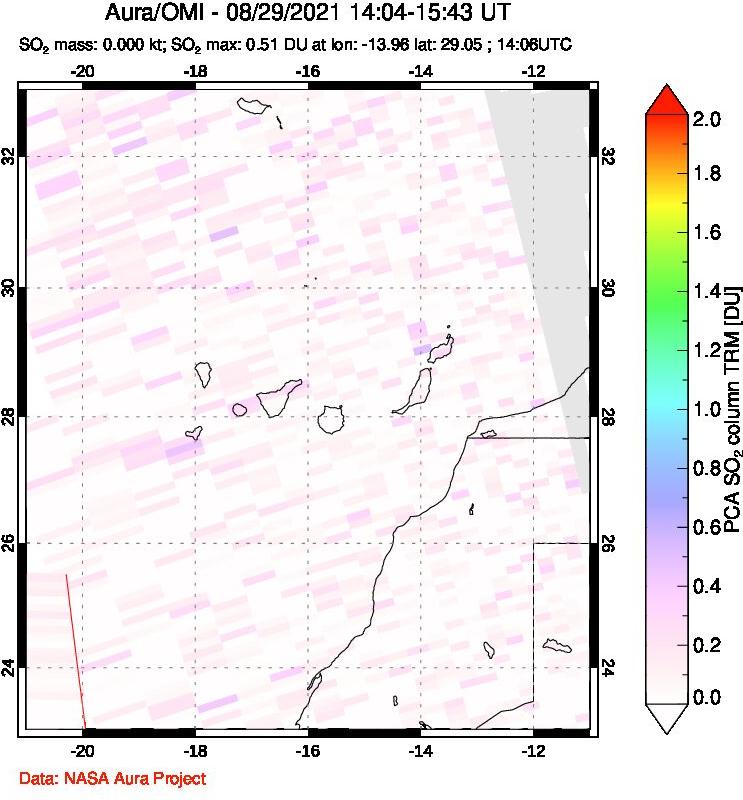 A sulfur dioxide image over Canary Islands on Aug 29, 2021.