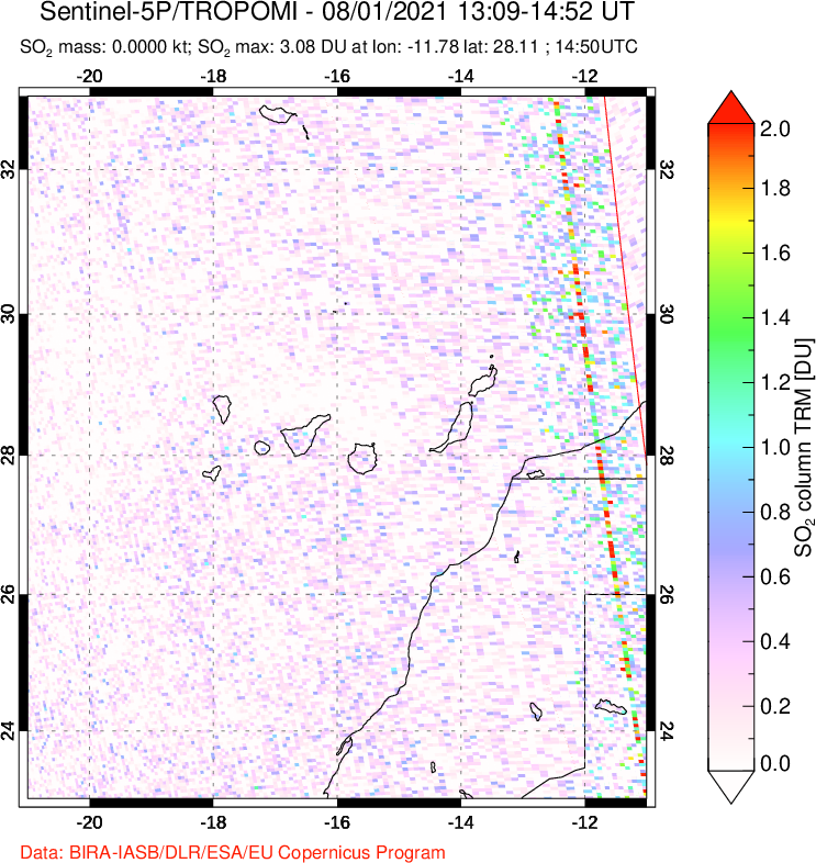 A sulfur dioxide image over Canary Islands on Aug 01, 2021.