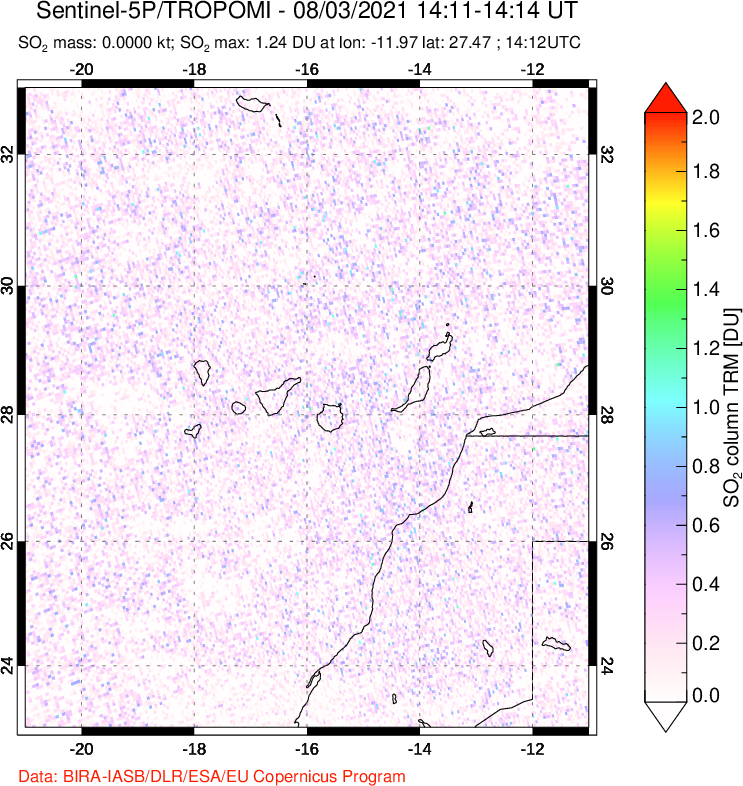 A sulfur dioxide image over Canary Islands on Aug 03, 2021.