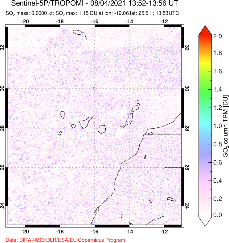 A sulfur dioxide image over Canary Islands on Aug 04, 2021.