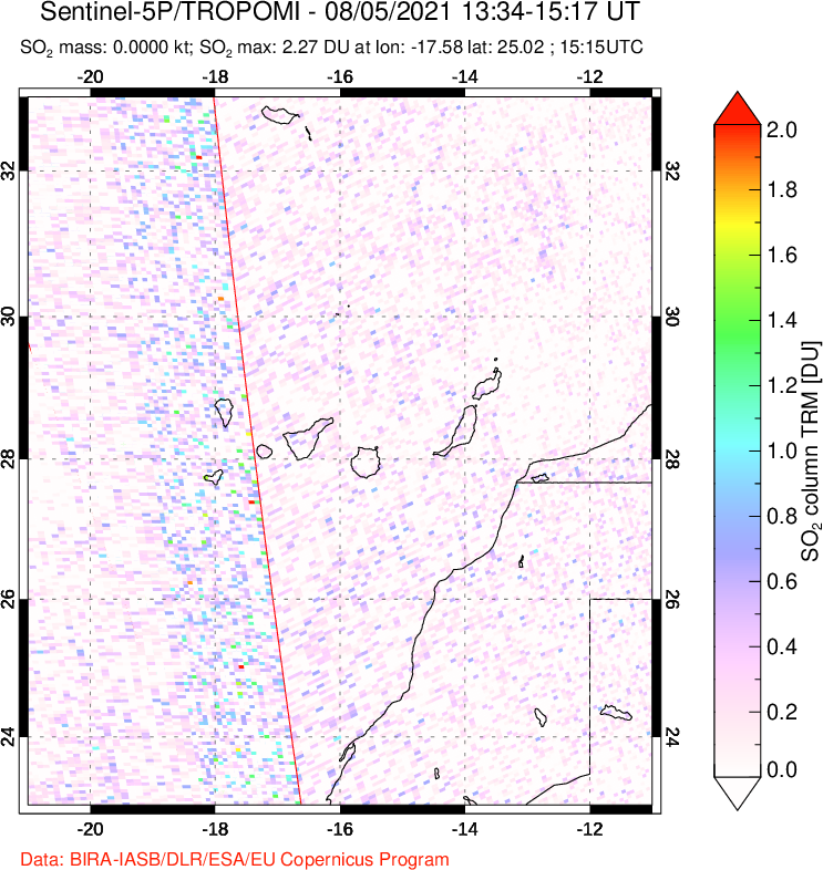 A sulfur dioxide image over Canary Islands on Aug 05, 2021.