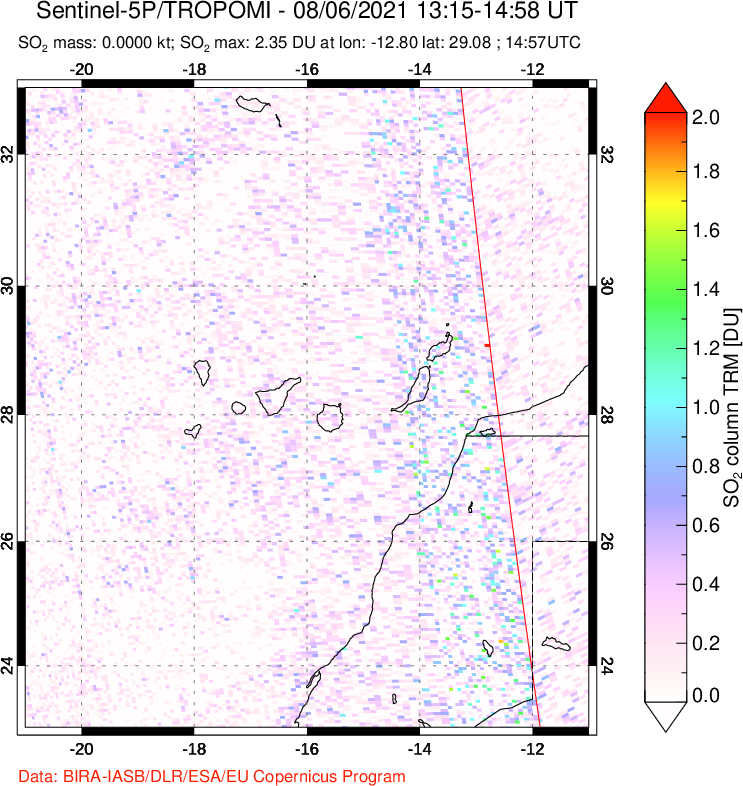 A sulfur dioxide image over Canary Islands on Aug 06, 2021.