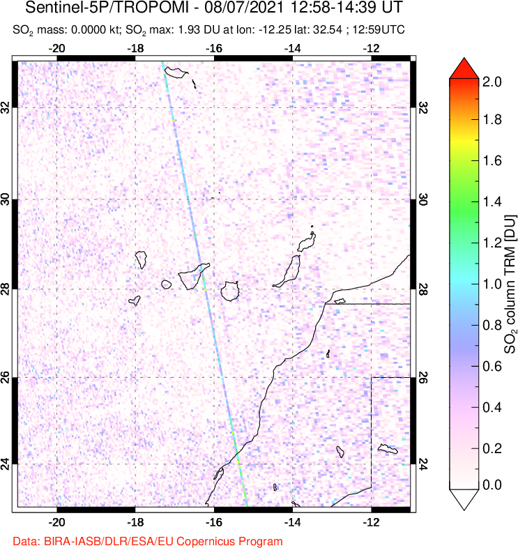 A sulfur dioxide image over Canary Islands on Aug 07, 2021.