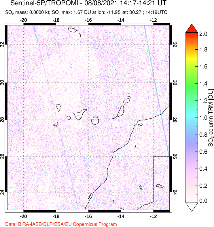 A sulfur dioxide image over Canary Islands on Aug 08, 2021.