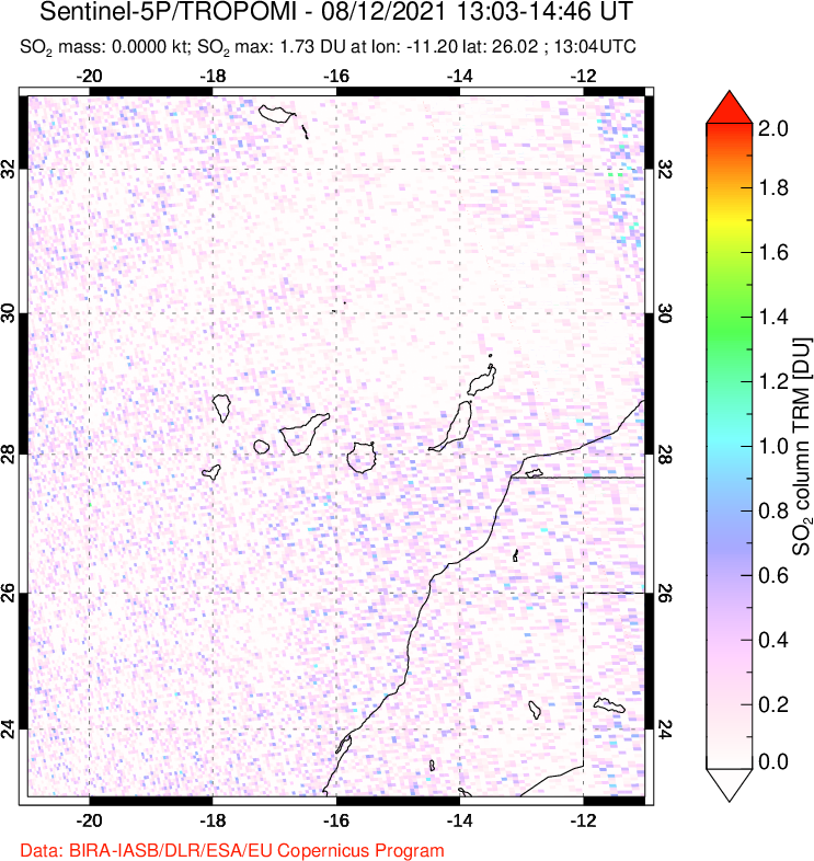 A sulfur dioxide image over Canary Islands on Aug 12, 2021.