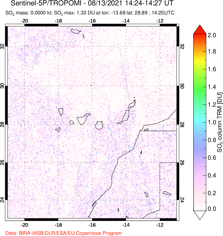 A sulfur dioxide image over Canary Islands on Aug 13, 2021.
