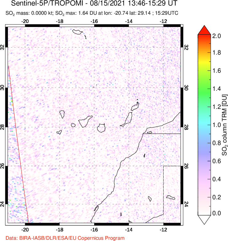 A sulfur dioxide image over Canary Islands on Aug 15, 2021.