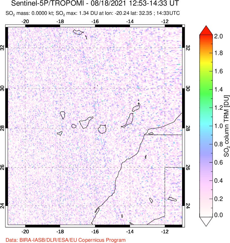 A sulfur dioxide image over Canary Islands on Aug 18, 2021.
