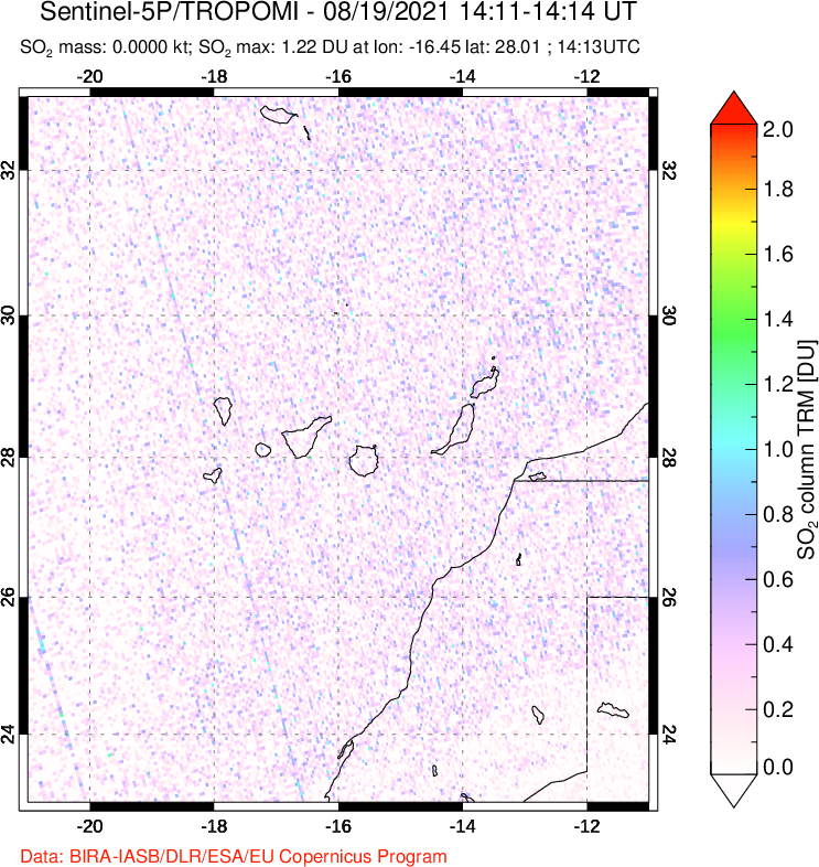 A sulfur dioxide image over Canary Islands on Aug 19, 2021.