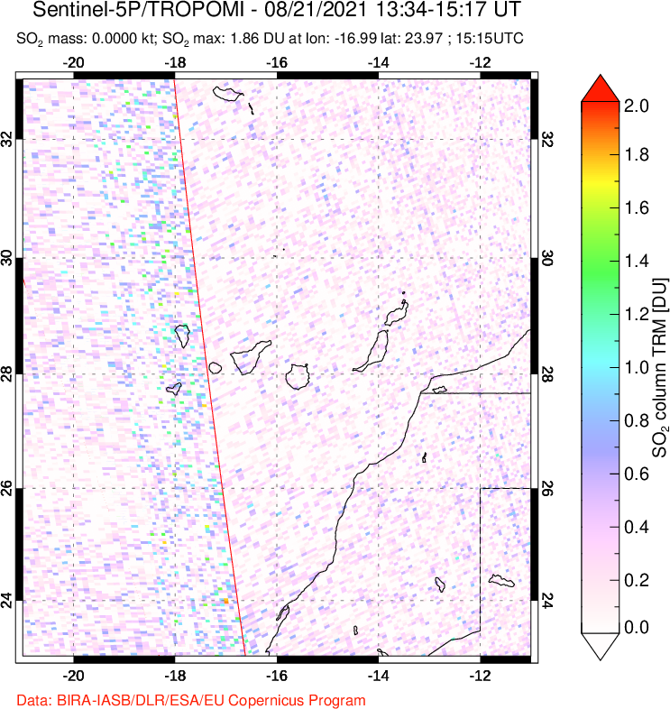 A sulfur dioxide image over Canary Islands on Aug 21, 2021.