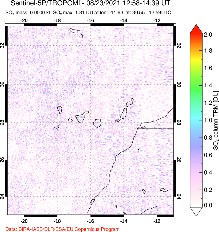 A sulfur dioxide image over Canary Islands on Aug 23, 2021.