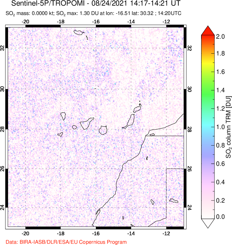 A sulfur dioxide image over Canary Islands on Aug 24, 2021.