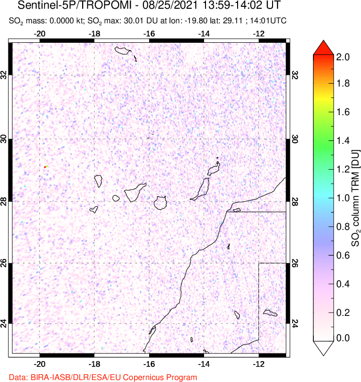 A sulfur dioxide image over Canary Islands on Aug 25, 2021.