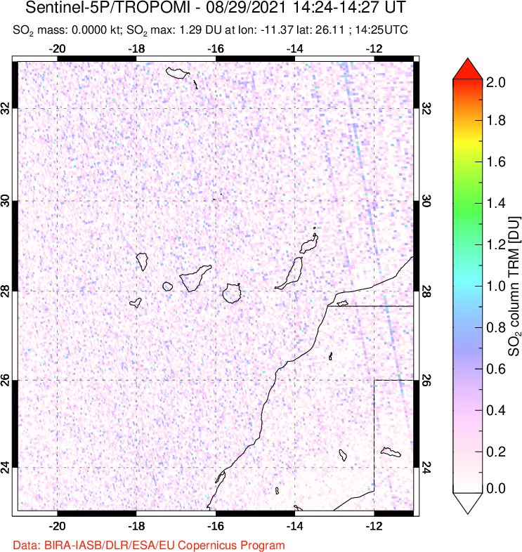 A sulfur dioxide image over Canary Islands on Aug 29, 2021.