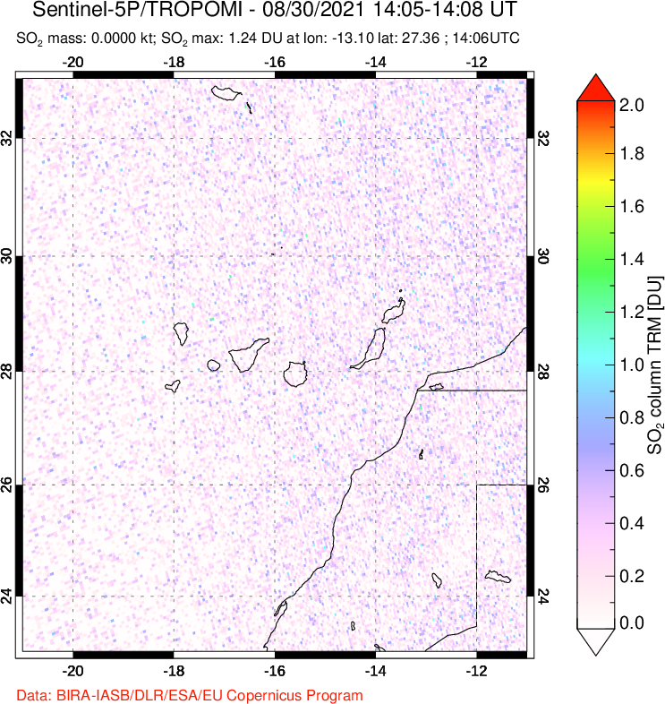 A sulfur dioxide image over Canary Islands on Aug 30, 2021.
