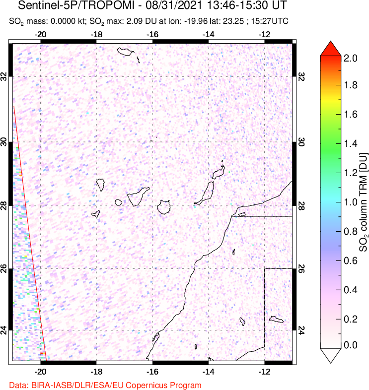 A sulfur dioxide image over Canary Islands on Aug 31, 2021.