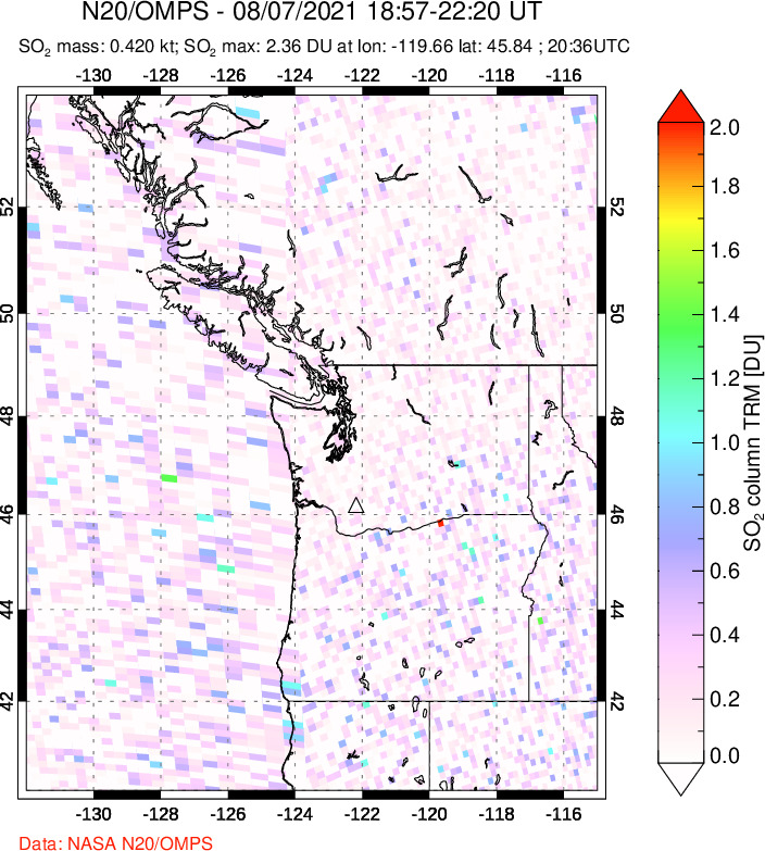 A sulfur dioxide image over Cascade Range, USA on Aug 07, 2021.