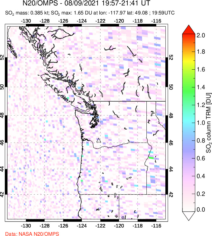 A sulfur dioxide image over Cascade Range, USA on Aug 09, 2021.