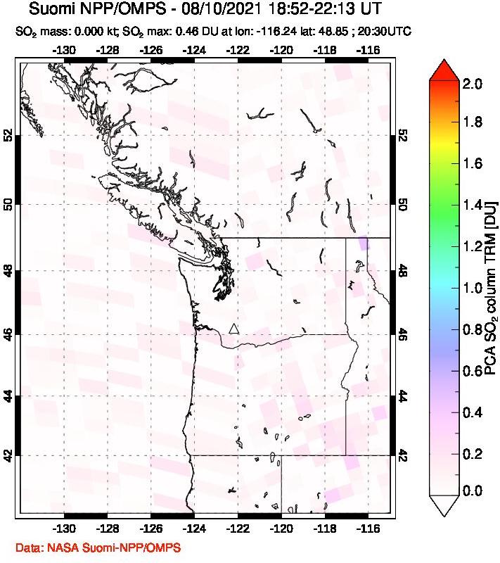 A sulfur dioxide image over Cascade Range, USA on Aug 10, 2021.