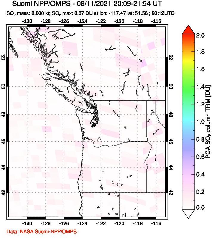 A sulfur dioxide image over Cascade Range, USA on Aug 11, 2021.