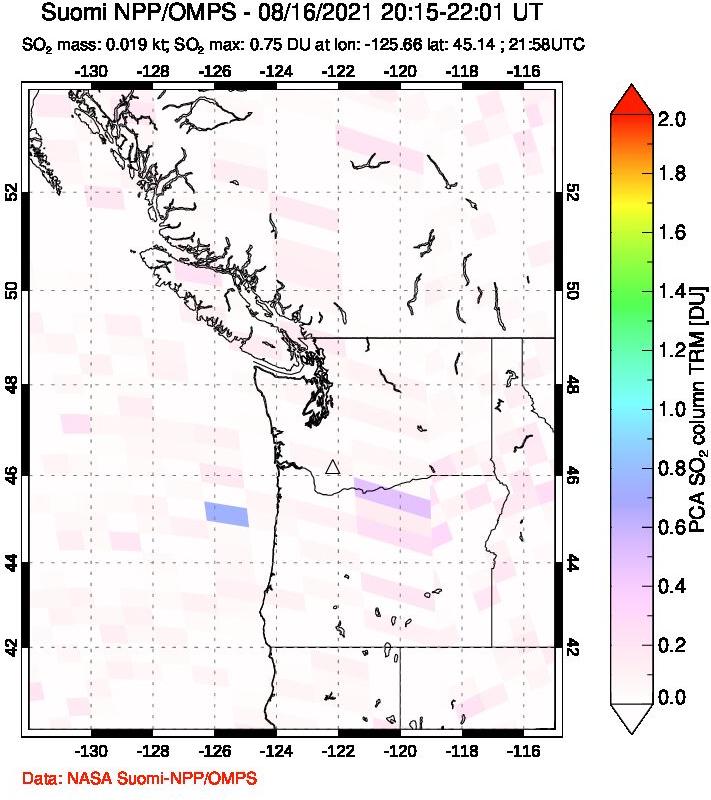 A sulfur dioxide image over Cascade Range, USA on Aug 16, 2021.
