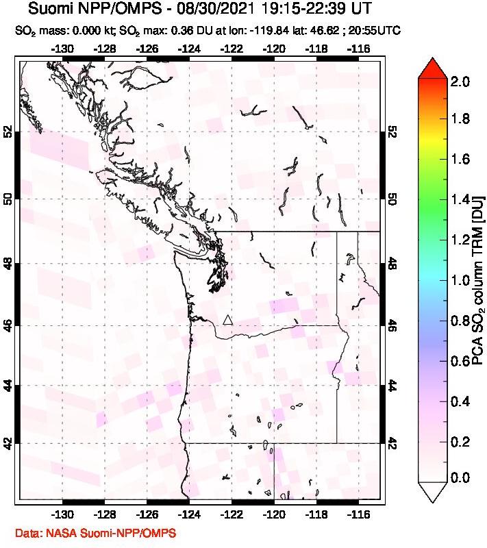 A sulfur dioxide image over Cascade Range, USA on Aug 30, 2021.