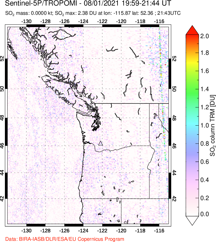 A sulfur dioxide image over Cascade Range, USA on Aug 01, 2021.