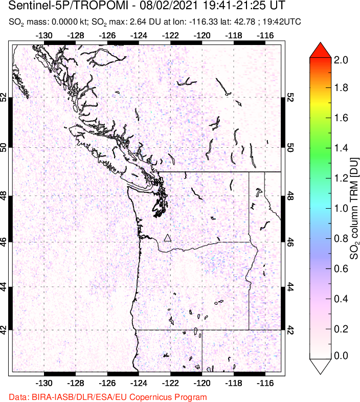 A sulfur dioxide image over Cascade Range, USA on Aug 02, 2021.