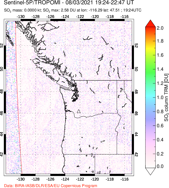 A sulfur dioxide image over Cascade Range, USA on Aug 03, 2021.