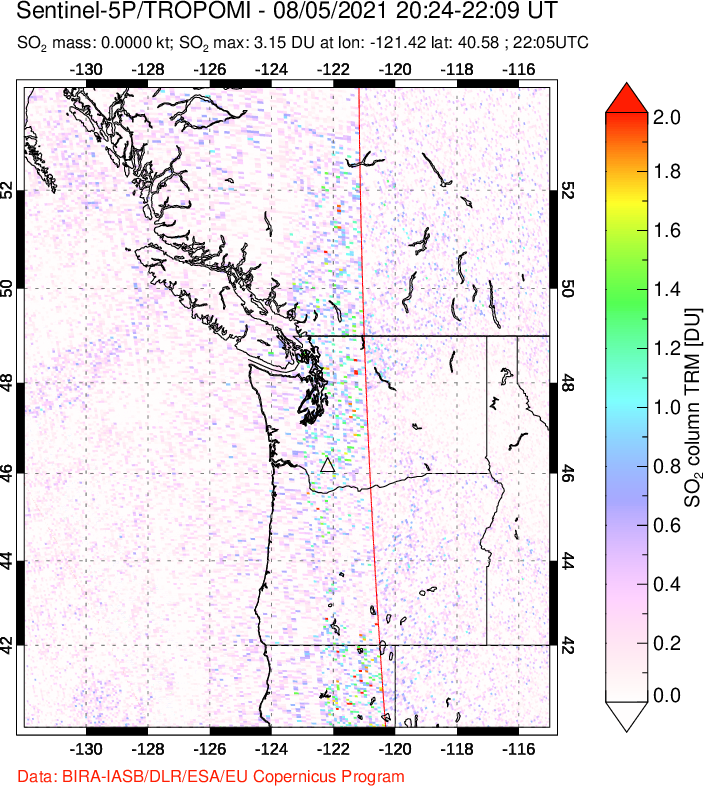 A sulfur dioxide image over Cascade Range, USA on Aug 05, 2021.