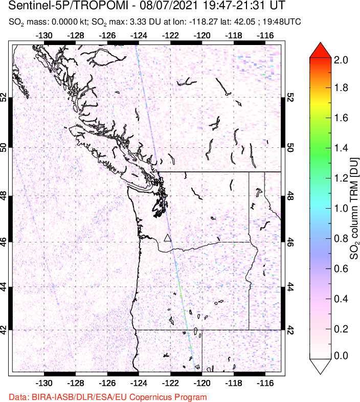 A sulfur dioxide image over Cascade Range, USA on Aug 07, 2021.