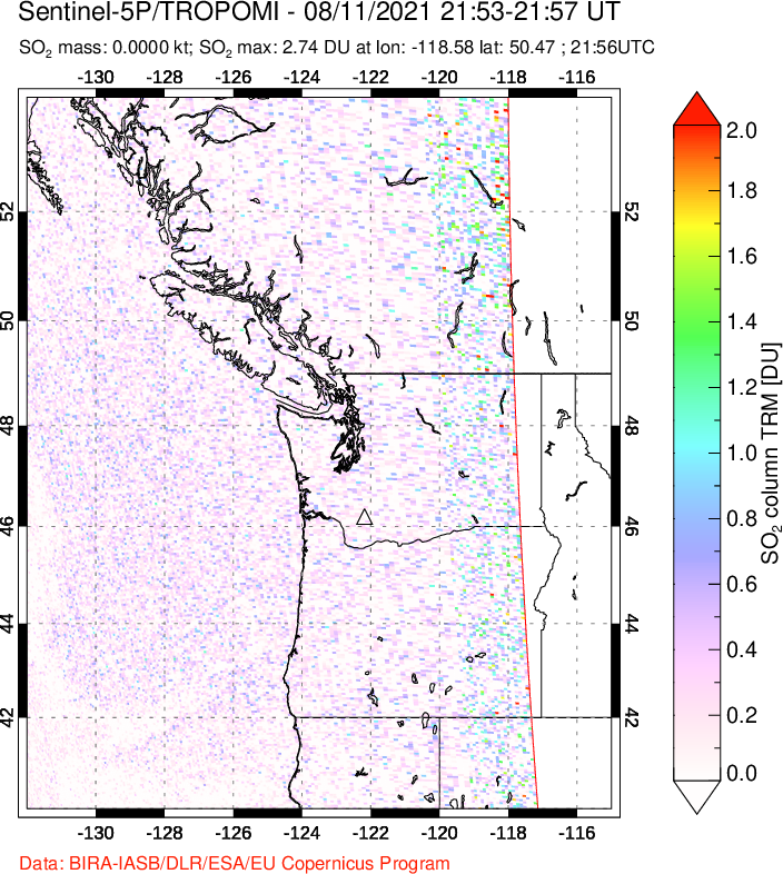 A sulfur dioxide image over Cascade Range, USA on Aug 11, 2021.